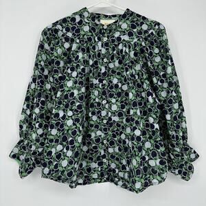 Maeve Blouse Womens XS Green Navy Fruit Print Balloon Sleeve Cotton Top
